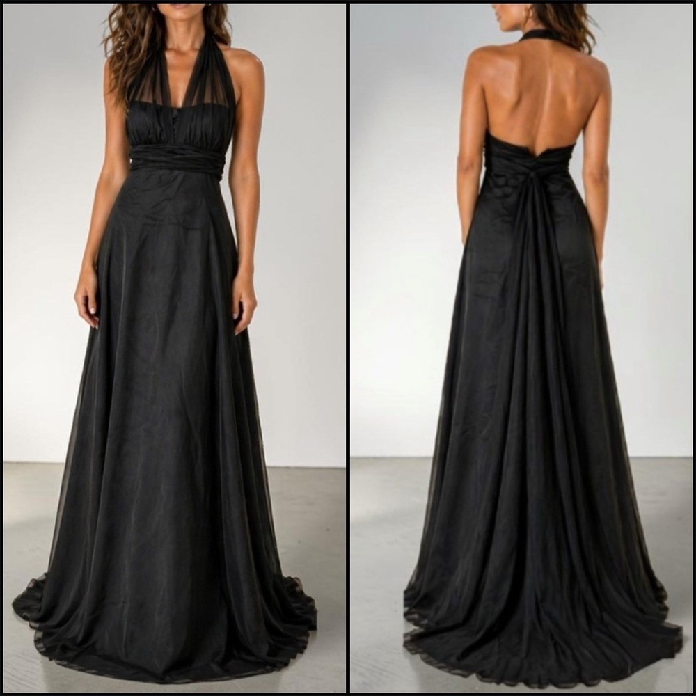 NWT Davids Bridal Satin Empire Ball Gown 2 Black Halter Neck Chiffon Tie Formal